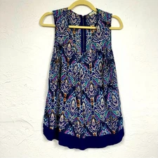 Daniel Rainn Blue Pink Ikat Print Blouse Womens L Bold Sleeveless Beachy Summer