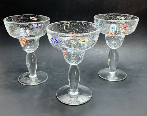 3 Hand Blown Millefiori Margarita Glasses Bubbles Large Mexican Art Fiesta Fiore - 第 8/22 張圖片