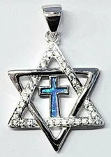 Star of David with Cross Pendant 925 Sterling Silver c/z stones Blue Lab Opal