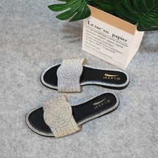 Lurnyet Women's Rhinestone Slide Sandals Crystal Flat Slip-On Summer Shoes