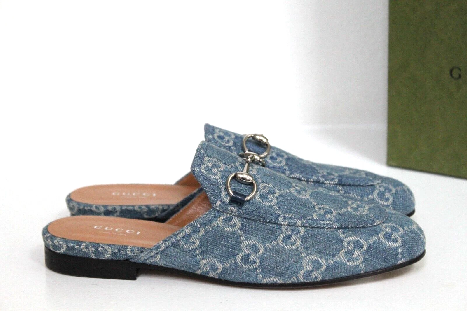 chaussure plate mulet Gucci Princetown Horsebit logo GG denim bleu toile taille 5,5 / 35,5