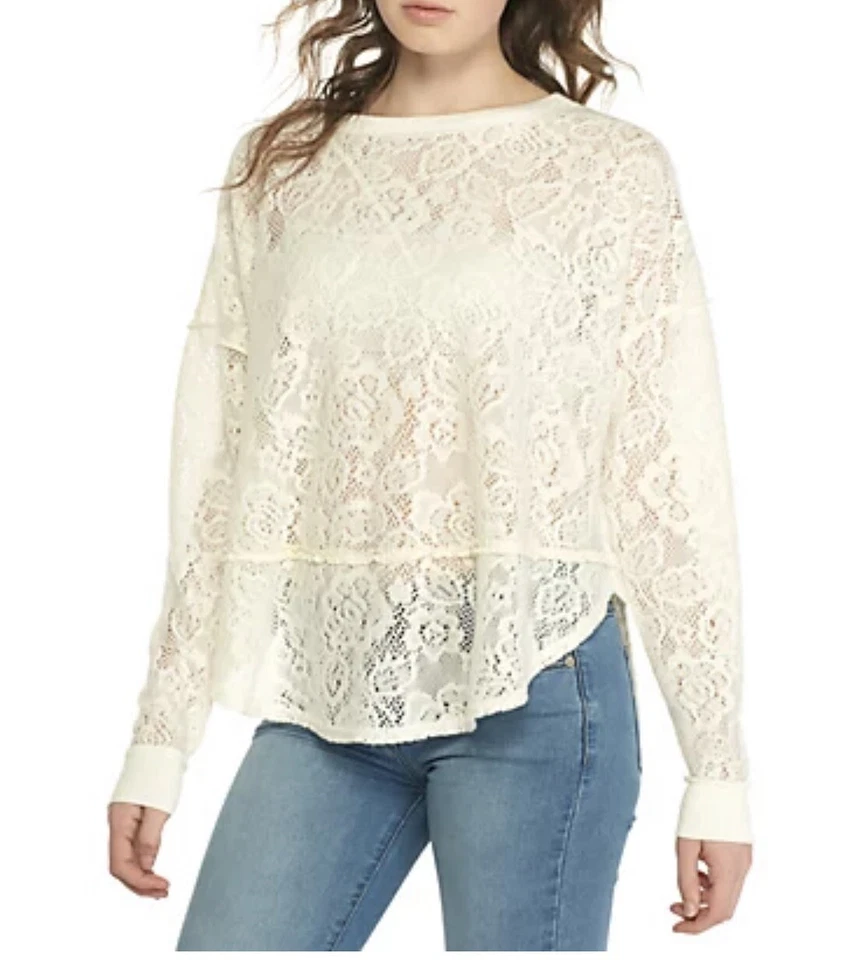 FREE PEOPLE Off-White Sheer Floral Lace Top Oversized Long Sleeve Pullover Sz.S