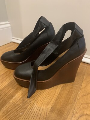 UO Tie Black Leather Wood Block Wedges