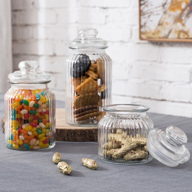 Pretty Ribbed & Clear Glass Canister Set of 2 Metal Lids and Bases Star