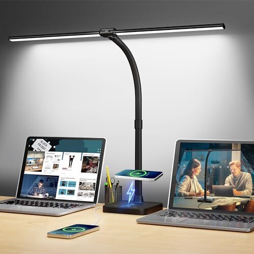 LED Desk Lamp for Home Office, 24W Double Head Desk Light with Wireless
