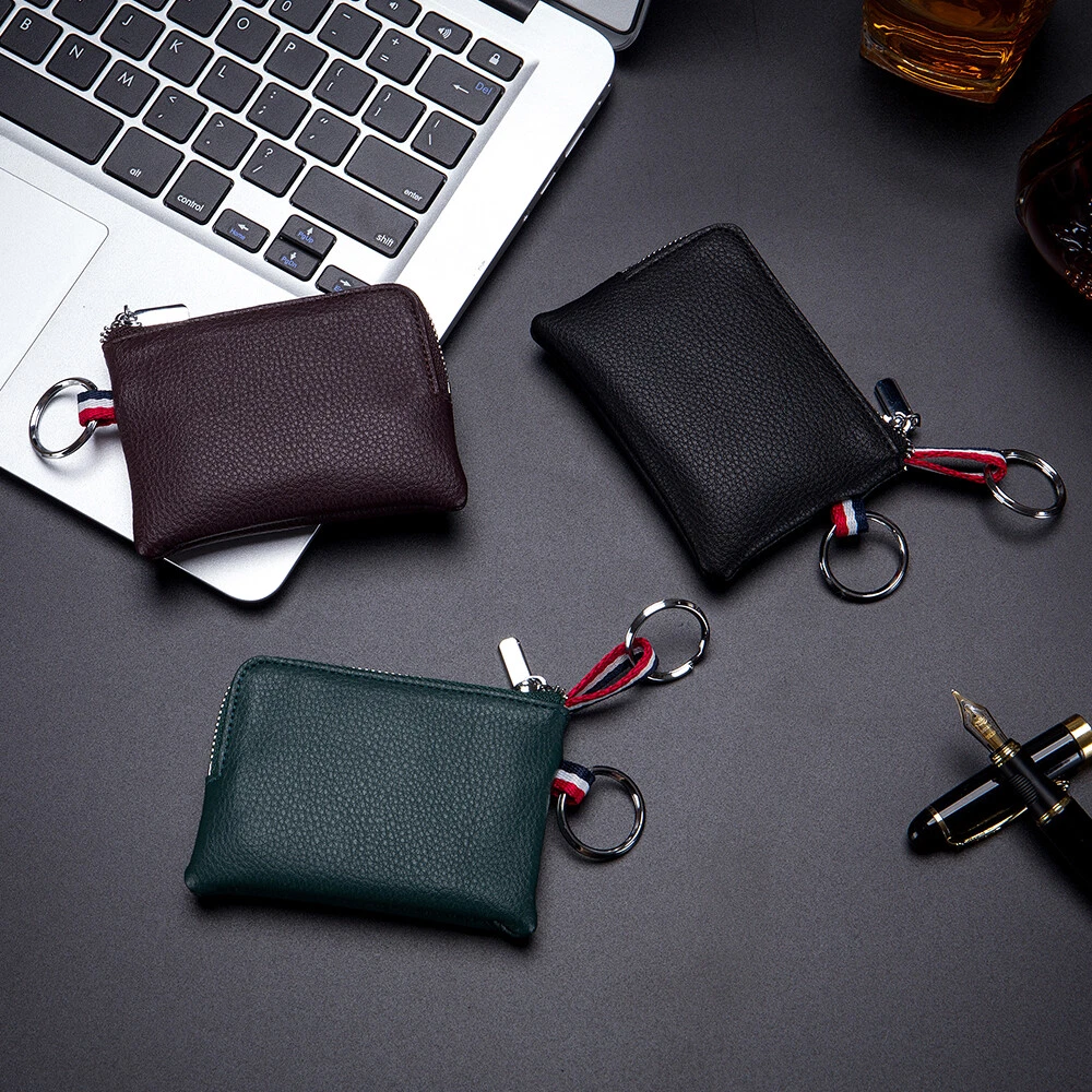 Mens Leather Coin Purse Change Pouch Wallet Zipper Card Holder with Key Chain US
