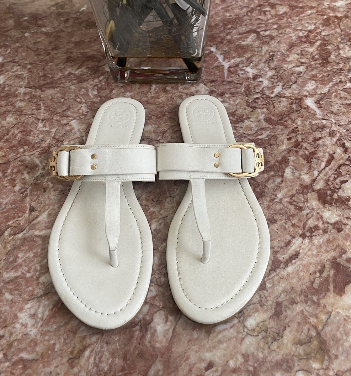 Tory Burch Marsden Ivory White Calf Leather Flat Thong Sandals Sz