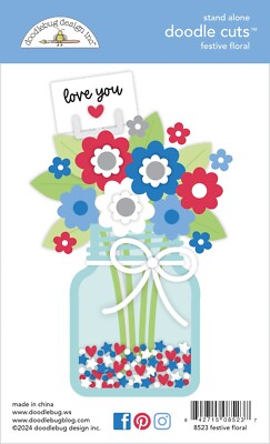 Doodlebug Doodle Cuts Metal Die Set Festive Floral Jar Ribbon Flowers Stems Tag