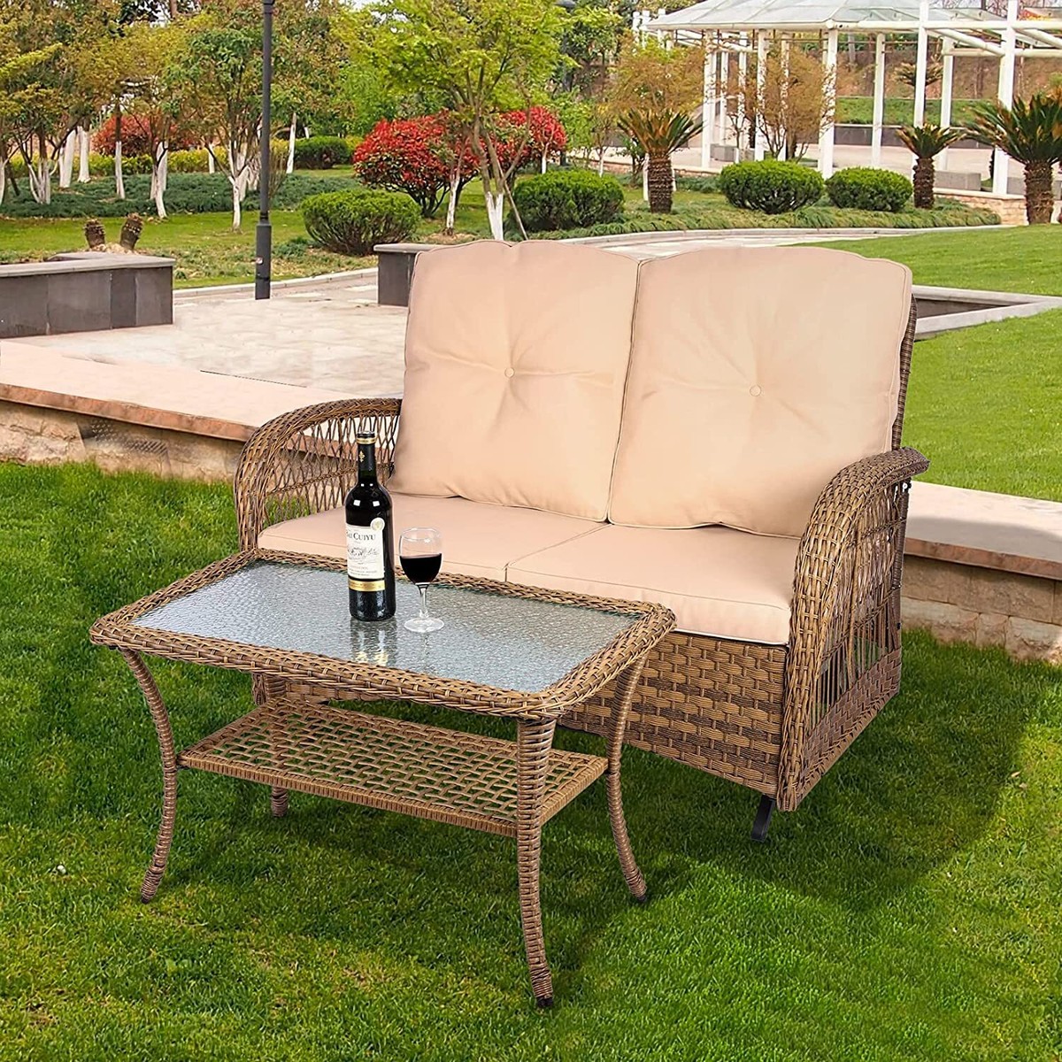 Martha Stewart Living Outdoor Furniture PARKWELL 5-Piece Outdoor  Conversation Sets,Wicker Swivel Gliders With Ottomans,Side Table,Patio  Seating Furniture With Beige Cushions,Yellow Wicker Glider Rocking Chair, image size:1200x1200