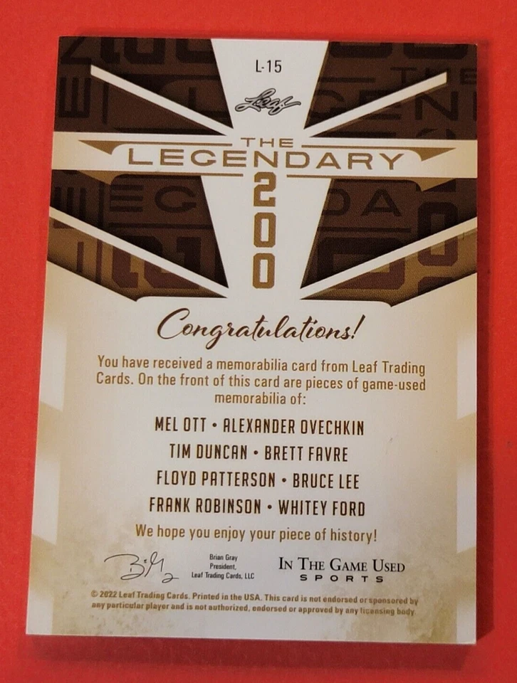 BRUCE LEE RELIC TIM DUNCAN MEL OTT BRETT FAVRE FORD FLOYD JERSEY BAT CARD #d1/4 - Image 2 of 2