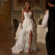 Exquisite 3D Flowers Bridal Dresses Detachable Train Spaghetti Straps Lace up