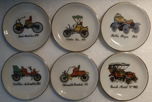 Antique Car 4” Collector Gold Rimmed Porcelain Plates Japan Lot Of 6 (Some Wear)
