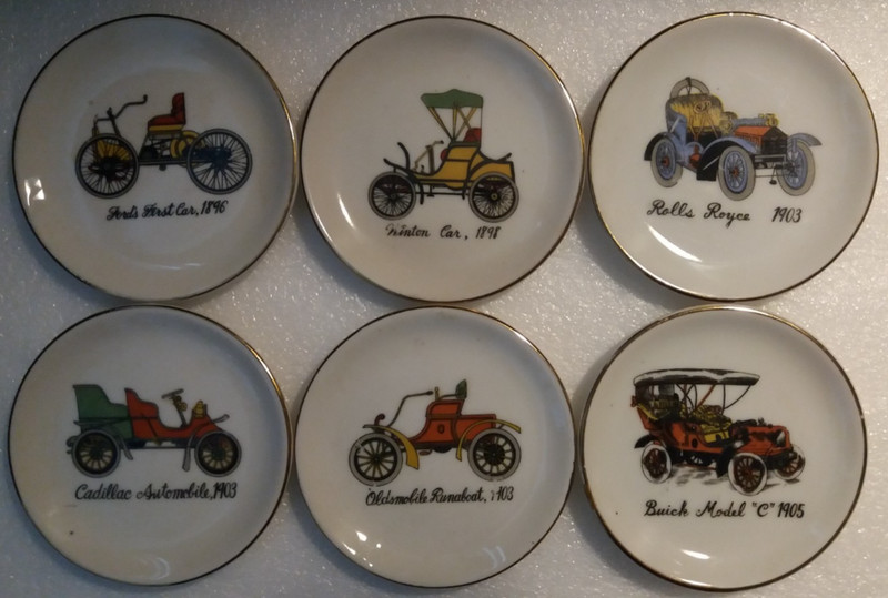 Antique Car 4” Collector Gold Rimmed Porcelain Plates Japan Lot Of 6 (Some Wear)