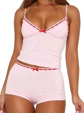 Womens Lingerie Cami Pajama Sets 2 Piece Tank Top  Shorts Medium Pink