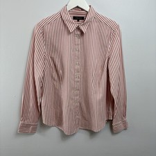 JAEGER Top Size UK 14 Pink White Striped Shirt Blouse Fitted Smart Casual Pastel