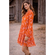 Vince Camuto Orange Floral Tiered Babydoll Mini Dress C3422900 L