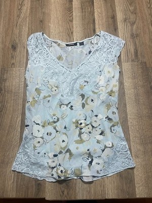 Express Blouse, Women's Size 6, Blue Brown White Black Lace V-neck Floral