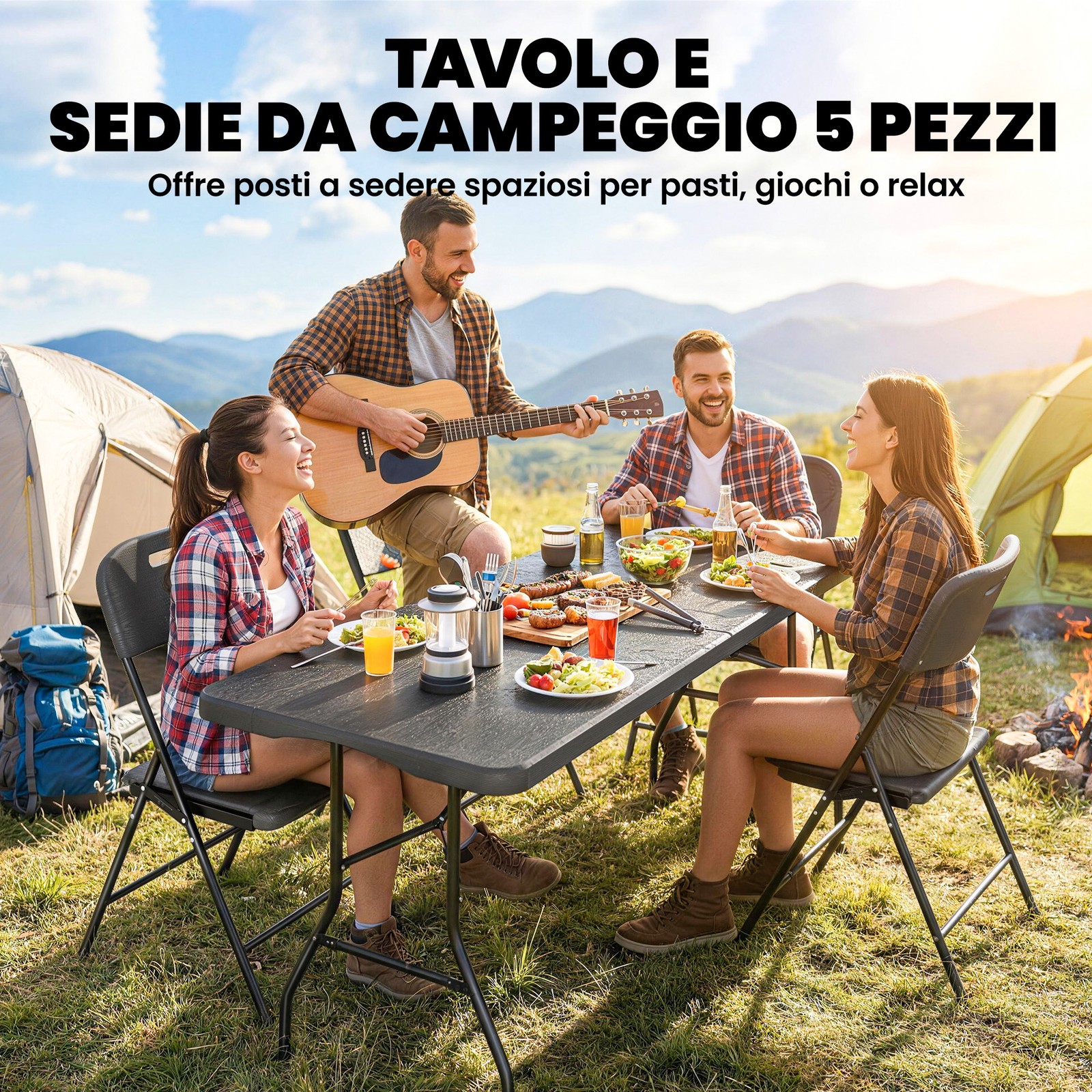 Outsunny Set da Esterno con Tavolo da Giardino e 4 Sedie Pieghevoli Nero foto 5