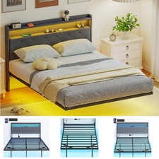 Single Size Bed Frame with RGB LED Lights, Floating Upholstered Bed, Grey