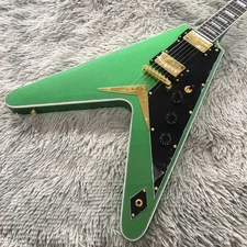 Light Green Fly V Electric Guitar 6String HH Pickup Gold Part Mahogany Body&Neck
