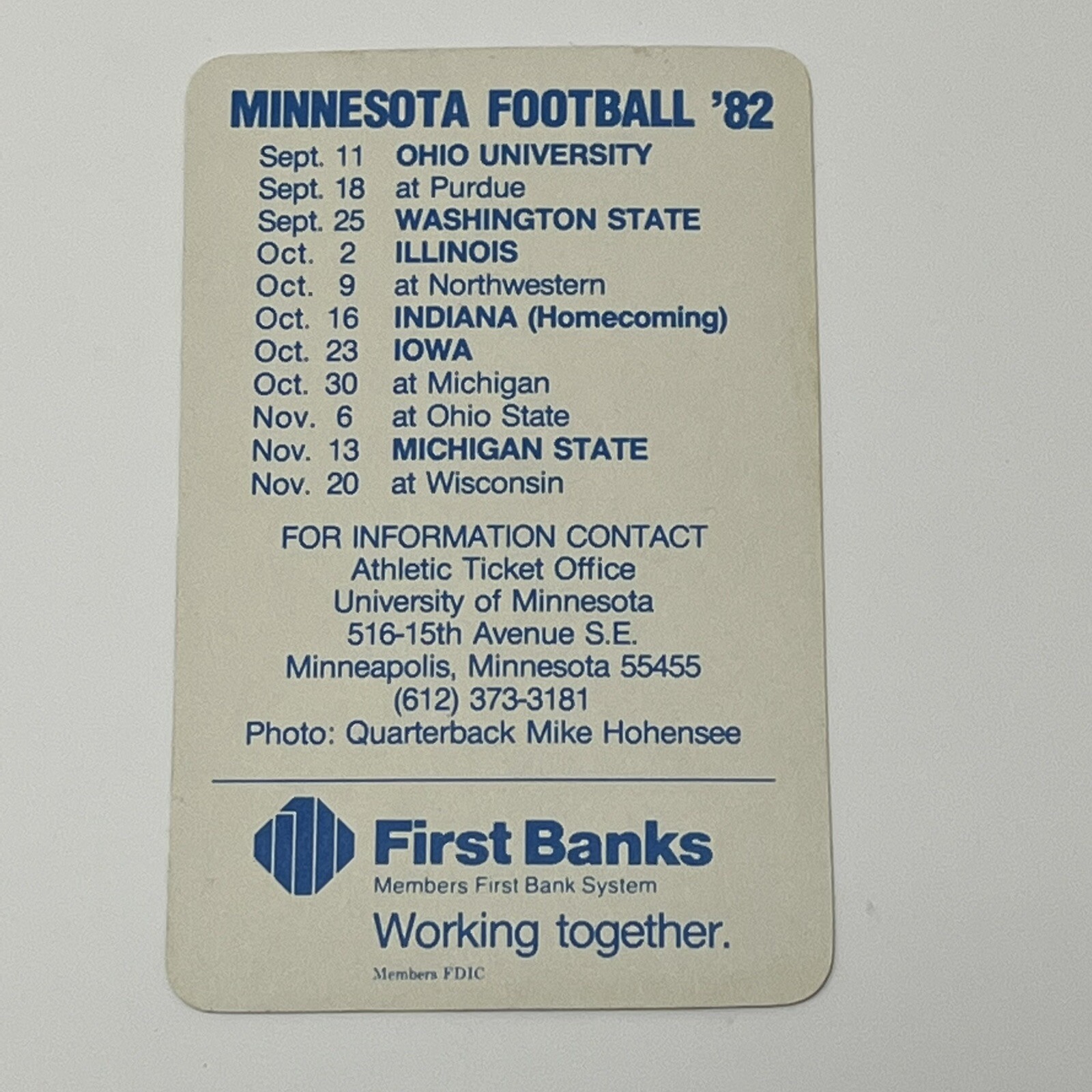 1982 Minnesota Golden Gophers Football Original Pocket Schedule Mike
