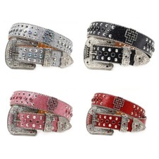Women Waist Belt Chain with Encrusted Rhinestones Cross Rivets PU Waistband