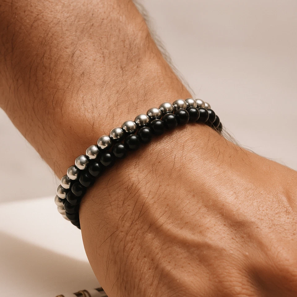 Set Bracciali 2 Pezzi Acciaio inox Argento Perle Nero bracciale da Uomo e Donna - Immagine 3 di 4