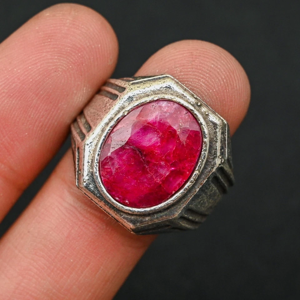 Kashmiri Raby Men's Ring 925 Sterling Silver Handmade-Statement All Size-BJ109 - Image 2 of 3