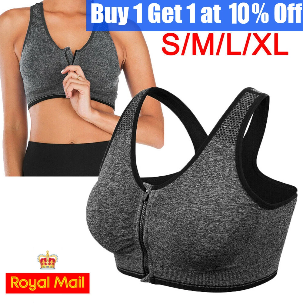 Grey Sports Bra Padded Front Zip Yoga Cami Push Up Vest Tops Womens Sport  UK