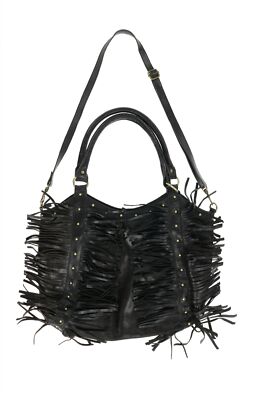 RAJ 164668 Womens Leather Dual Rolled Top Handles Fringe Detail Hobo Bag Black