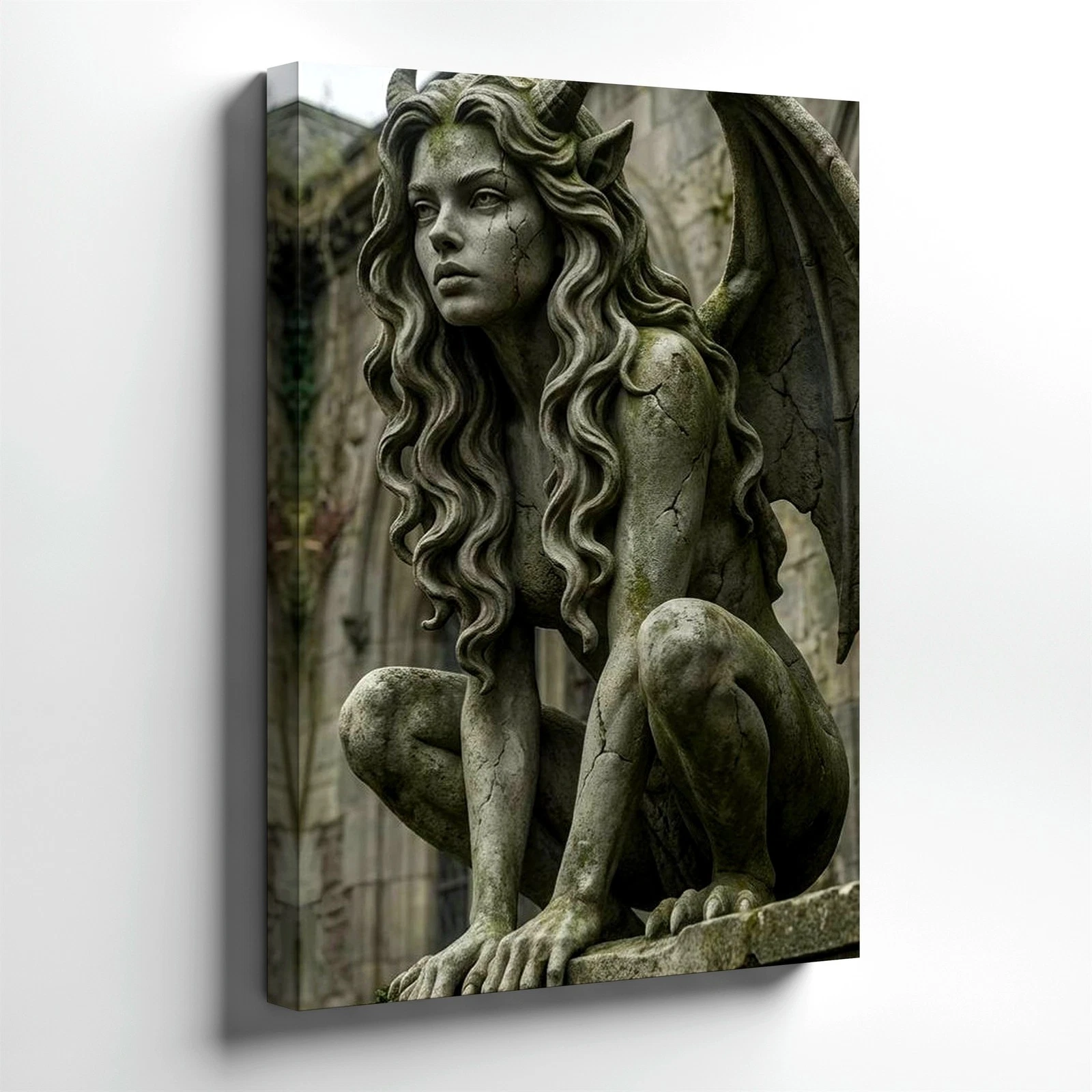 Wall Art Gothic Gargoyle Statue Print Winged Demon Woman Dark Fantasy Decor