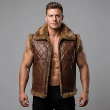 Men's Brown Leather Shearling Vest Quilted Fur Collar Sleeveless Biker Jacket