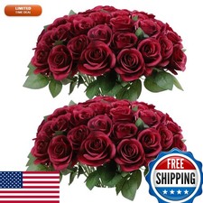 DELOVO 52pcs Burgundy Silk Roses Artificial Flowers for Wedding Party