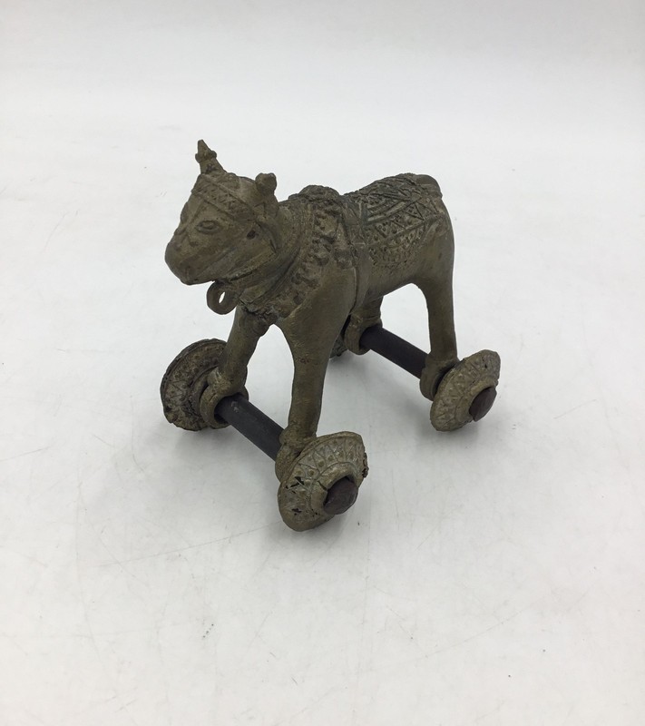 Vintage Indian Brass Nandi Bull Toy on Wheels Cast Metal Decorative Figurine