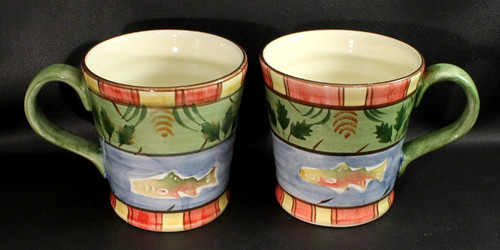Bella Ceramica Timberline " Set of 2 * Mugs 8 1/2" Fish V. NICE Outdoors Cabin
