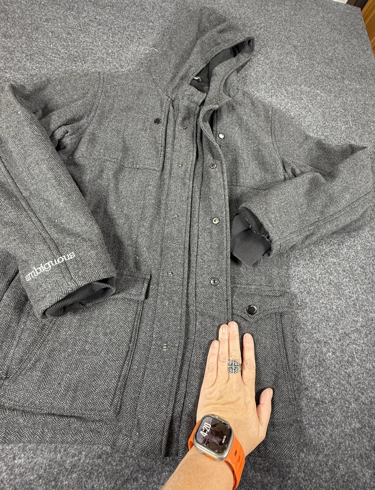 Ambigous Jacket Mens Medium Gray Herringbone Hooded Wool Blend Casual Coat - Image 3 of 4
