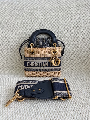 Christian Dior Lady Dior Mini Navy Beige Rattan Canvas Calfskin Crossbody Duty P