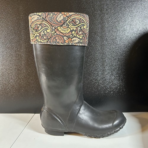 Bogs Alex Tall Boots Womens 11 Black Paisley Rubber Lined Rain Waterproof