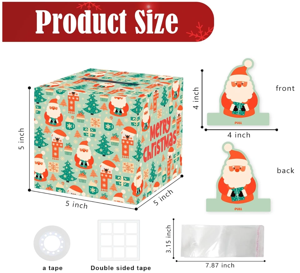Feliz Natal Dinheiro Surpresa Caixa de Presente Conjunto Divertido - Puxe Caixa de Dinheiro com 35 Sacos Natal - Imagem 3 de 4