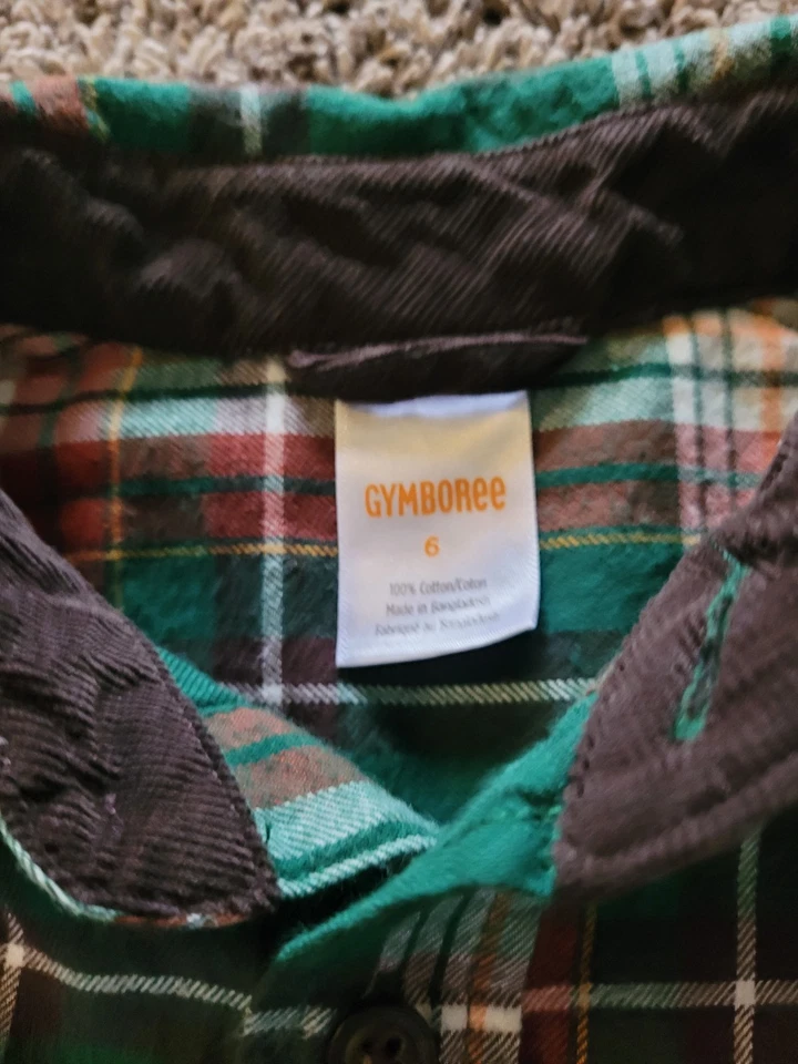 Conjunto de camisa y pantalones de vestir marrón con cuello de franela a cuadros verde talla 6 de Gymboree para niños  Foto 3 de 4