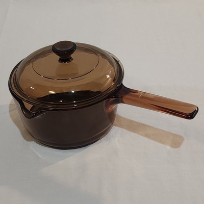 Vision Corning Ware 1L Amber Brown Sauce Pan with Pour Spout Pyrex Lid Non Stick