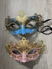 Venetian Masquerade Masks Lot of 2 Gold Blue Pink Glitter Rhinestones