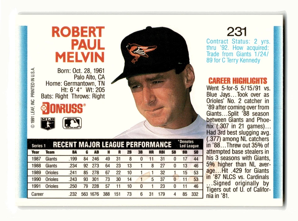 Bob Melvin 1992 Donruss #231b Baltimore Orioles Mint - Image 2 of 2