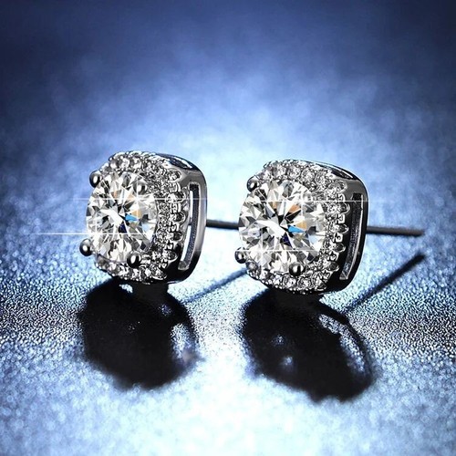 4.80Ct Round Cut Moissanite Diamond 14k White Gold Plated Halo Stud Earrings 925 - Picture 3 of 4