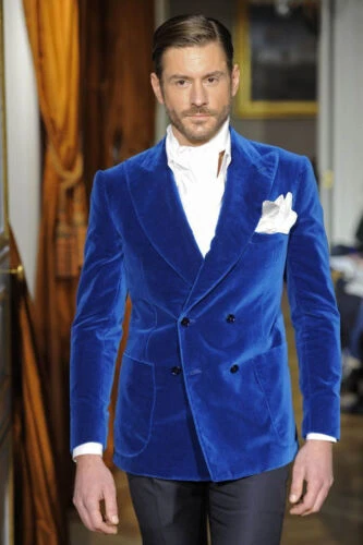 Men Blue Smoking Jackets Designer Patch Pockets Dinner Party Wear Coats Blazers
