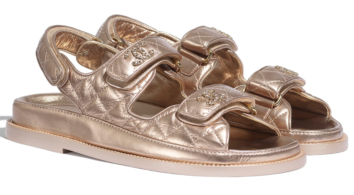 Chanel 21C Bronze Quilted Chain CC Logo Mule Slide Strap Flat Teva