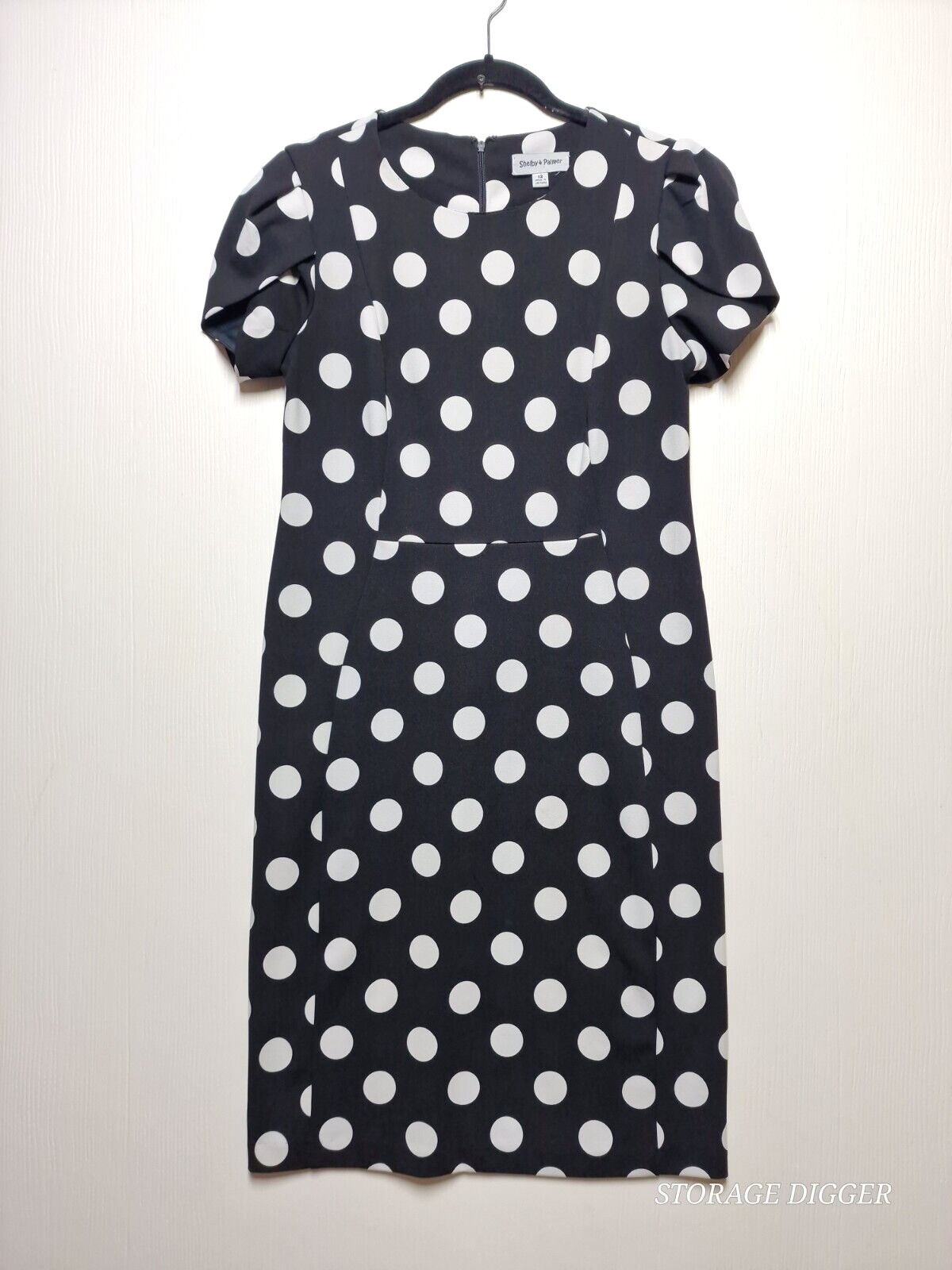 Shelby & Palmer Sheath Dress Womens 12 Black White Polka Dot Short Puffed Sleeve