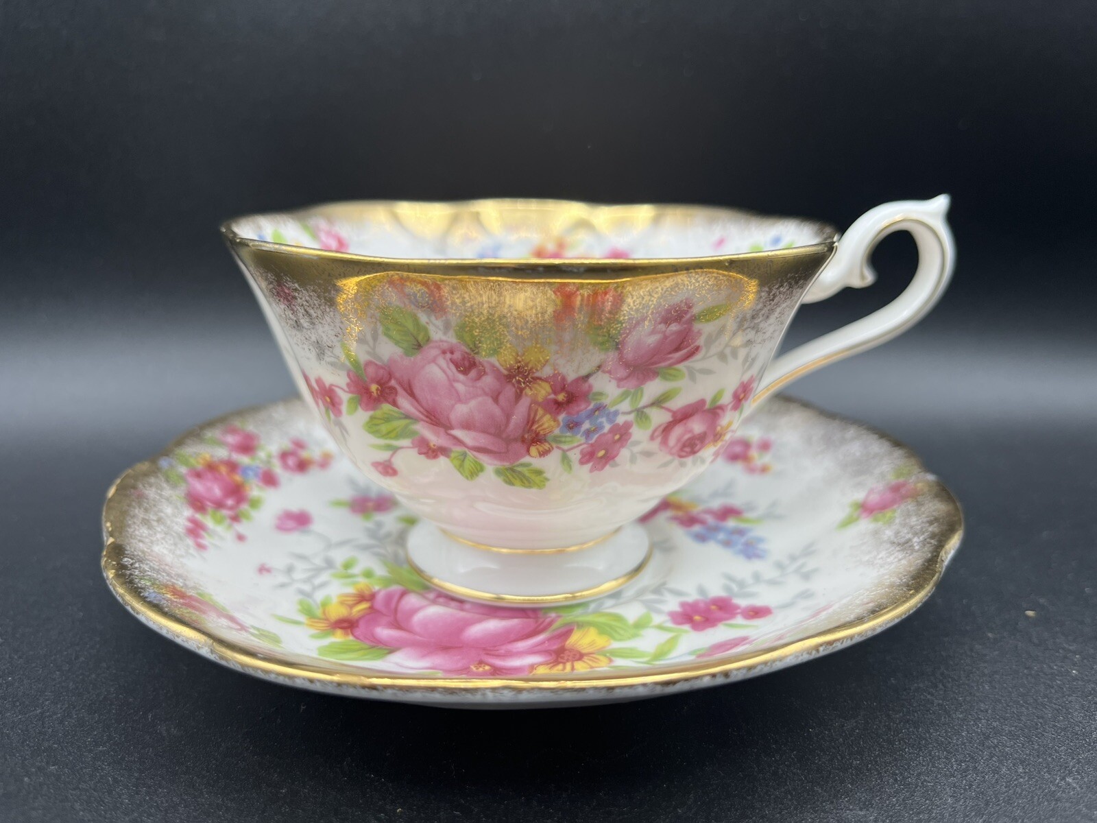 1960s Royal Albert Pink Rose Bouquet Floral Cup & Saucer Heavy Gilding Mint