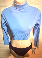 Capezio Turtleneck Top Long Sleeved Adult L Copen Blue Cheer Dance Midriff NEW
