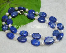 Natural 13x18mm Blue Lapis Lazuli 7-8mm Freshwater Pearl Beads Necklace 14-100''